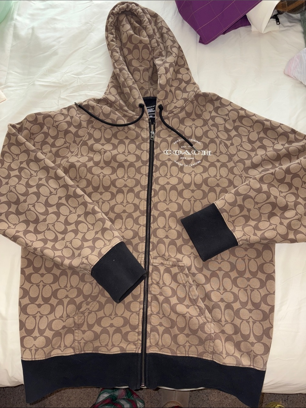 Coach Brown Signature Zip Hoodie with Black Trim